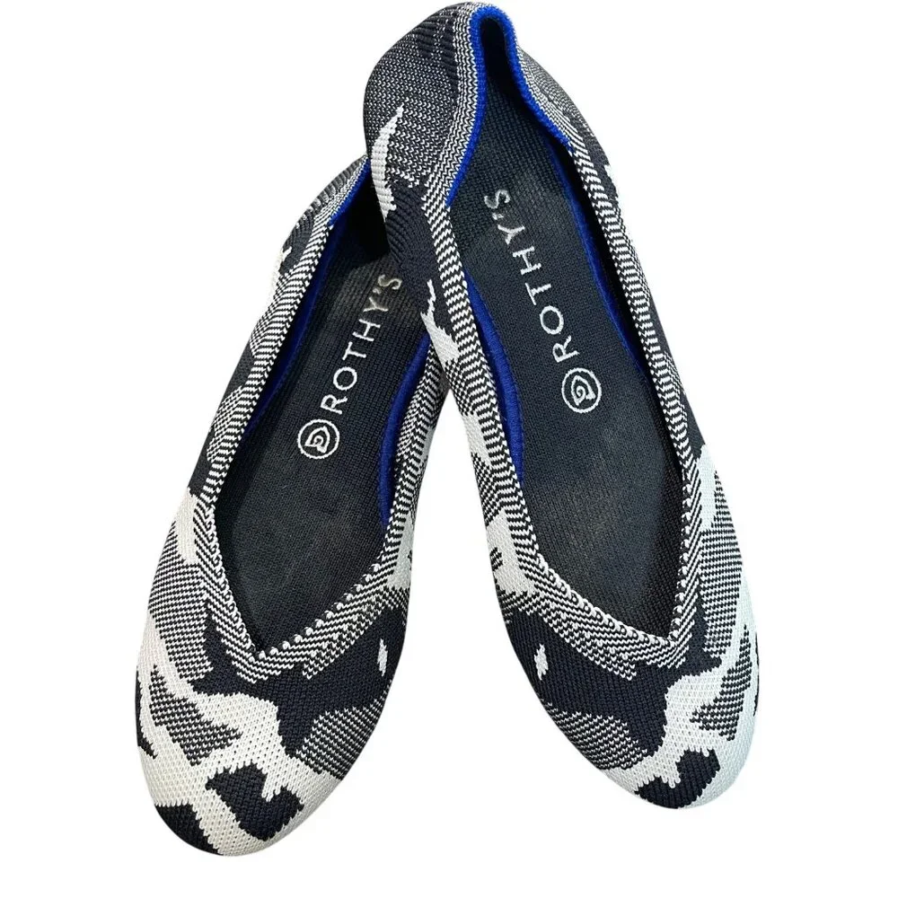 Rothy's The Round Toe Shoes Women's Size 9 Flats Winter Camo Print Black White